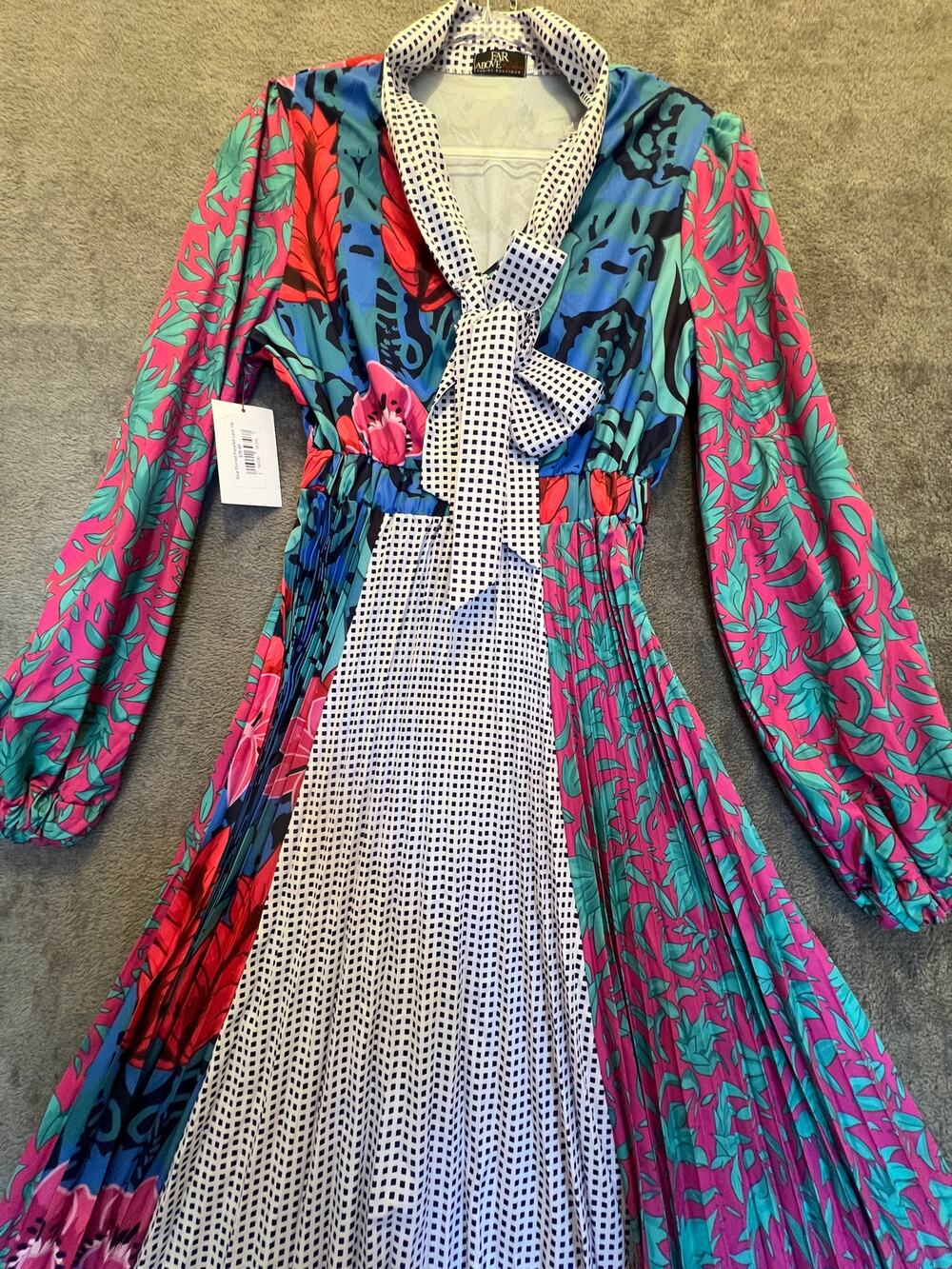 Far Above Rubies Tropical Print Pleated Midi Dress Tie Neck 3/4 Sleeve 3XL - Picture 2 of 9
